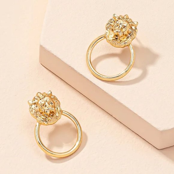 chichigems Jewelry - Gold Regal Lion Head Door Knocker Earrings NEW